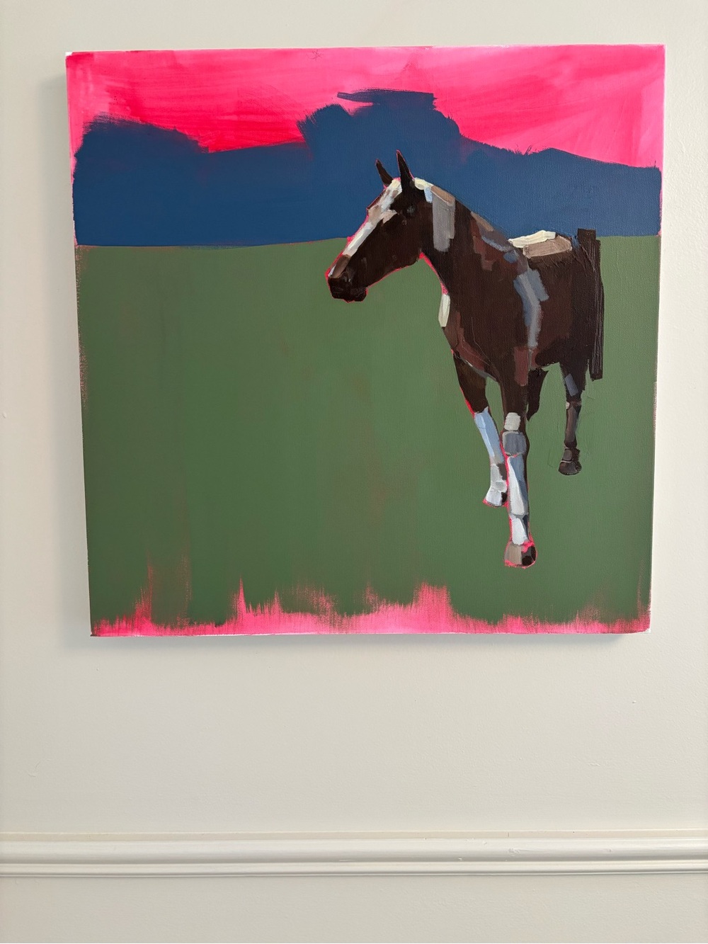 Original Contemporary Pink & Green Horse Canvas Wall Art